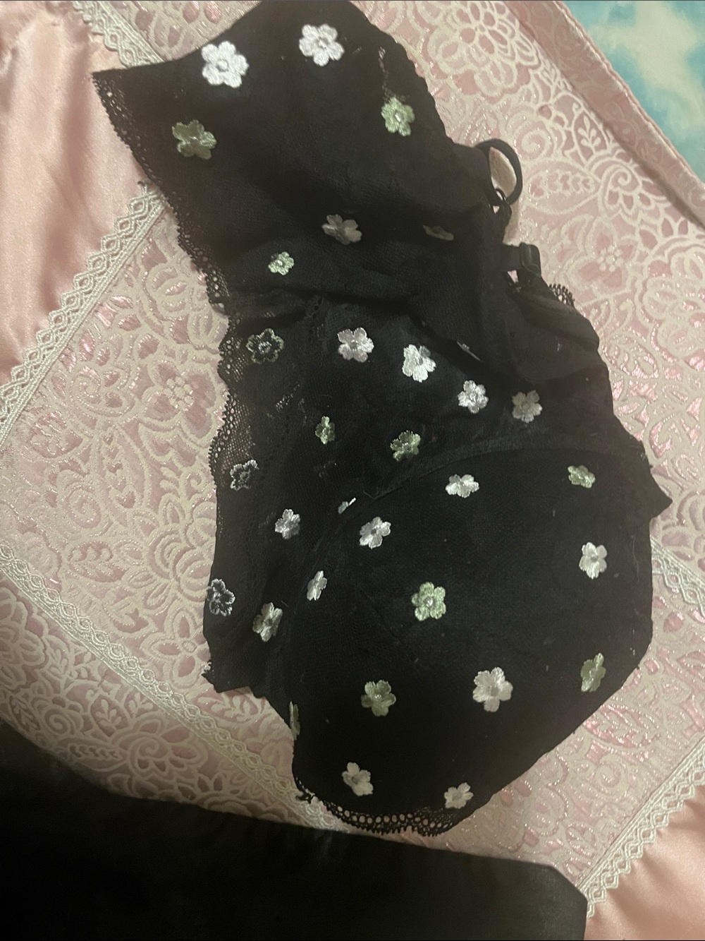 PINK Victoria's Secret Black Bra with White and Light Green Floral Accents